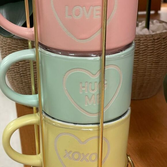 NWT Eccolo Set of 4 Stackable Mugs with Gold Rack White Hearts & Letters Pastel - Picture 7 of 11